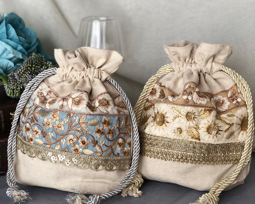 インド刺繍リボン⋆ ˚｡⋆୨୧˚巾着ポーチ 巾着袋 Ma Cachette