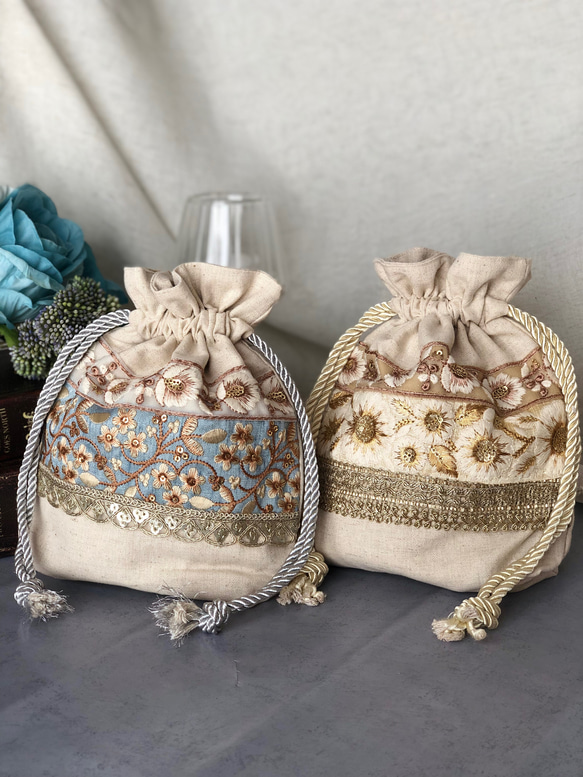 インド刺繍リボン⋆ ˚｡⋆୨୧˚巾着ポーチ 巾着袋 Ma Cachette