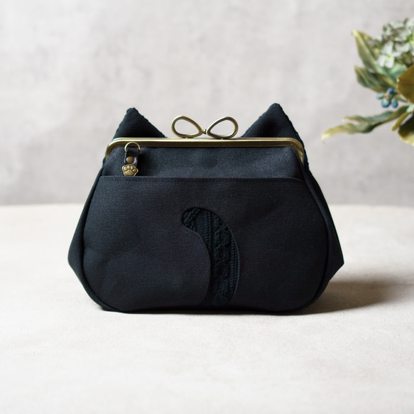 【受注制作】黒猫・アズネコがま口ショルダーバッグ 6枚目の画像