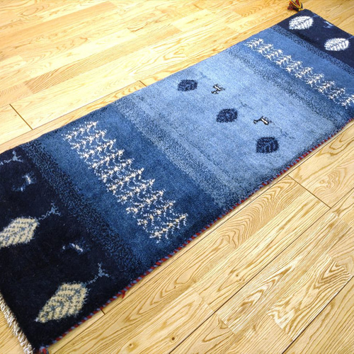 新規入荷】ペルシャ ギャッベ ランナー中 137×48cm 藍色 糸杉