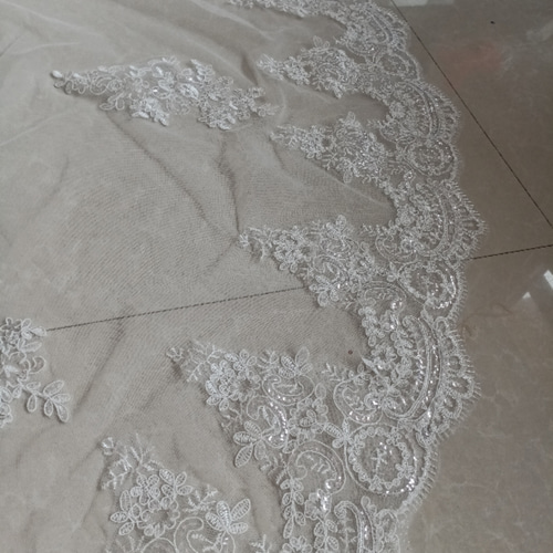 ロングベール 繊細レース ハンドビーディング キラキラスパンコール  