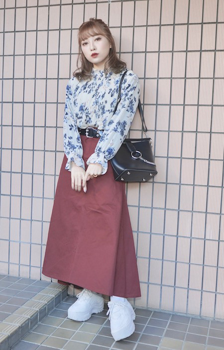 Chino Long A-Line Skirt (Bordeaux) ロングスカート レッド 赤 きれいめ