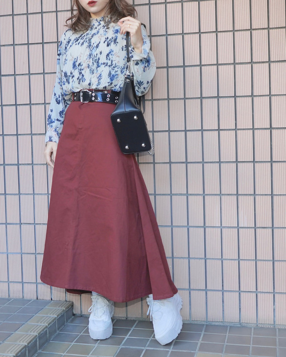 Chino Long A-Line Skirt (Bordeaux) ロングスカート レッド 赤 カジュアル 2枚目の画像