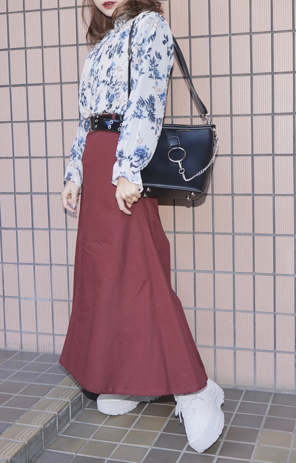 Chino Long A-Line Skirt (Bordeaux) ロングスカート レッド 赤 カジュアル 5枚目の画像