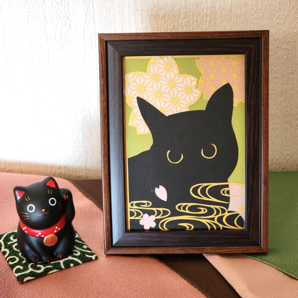 黒猫と和柄 切り絵アート L判 (桜) 1枚目の画像
