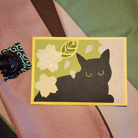 黒猫と和柄 切り絵アート 2L判 (桜) 5枚目の画像
