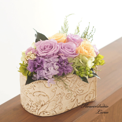 アレンジメント】紫のバラとカーネーションのアレンジメント（オレンジ