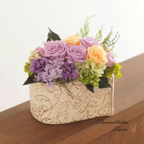 紫系アジサイ・バラの造花アレンジメント プリザーブドフラワー プレゼント アジサイ あじさい 紫陽花 バラ 薔薇