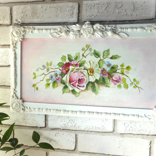 アンティーク プレートハンドペイント　薔薇絵 薔薇のレリーフフレーム付きハンドペイント 薔薇と野ばらのアート