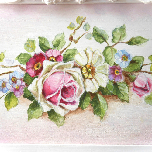 薔薇のレリーフフレーム付きハンドペイント 薔薇と野ばらのアート