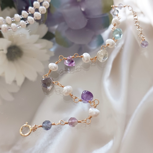 14kgfフローライトブレスレット 淡水パール 6月誕生石 ブレスレット
