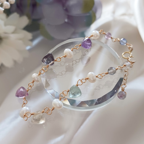 天然石ブレスレット 14kgf カラーオパール 淡水パール 14kgfフローライトブレスレット 淡水パール 6月誕生石 ブレスレット