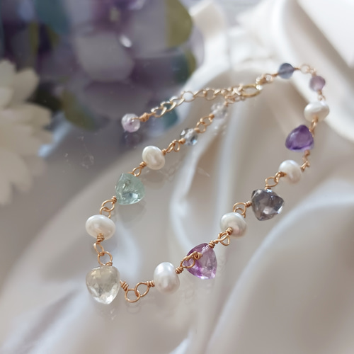 14kgfフローライトブレスレット 淡水パール 6月誕生石 ブレスレット