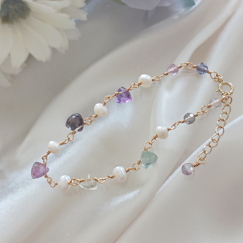 14kgfフローライトブレスレット 淡水パール 6月誕生石 ブレスレット