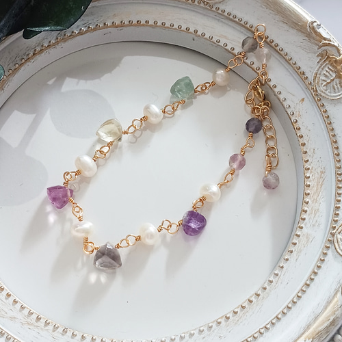 14kgfフローライトブレスレット 淡水パール 6月誕生石 ブレスレット