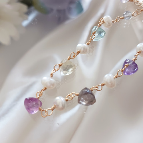 14kgfフローライトブレスレット 淡水パール 6月誕生石 ブレスレット