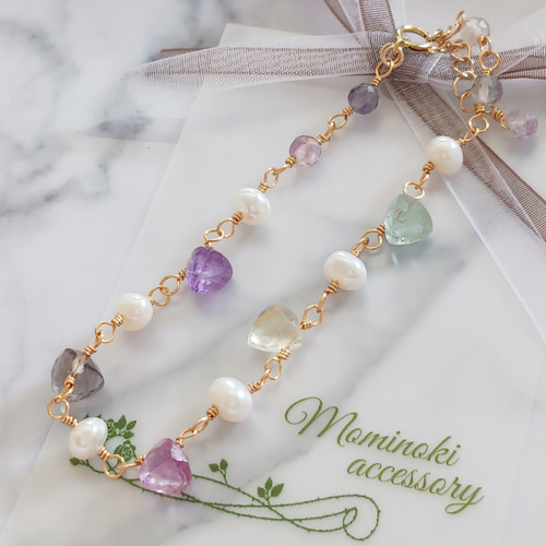 14kgfフローライトブレスレット 淡水パール 6月誕生石 ブレスレット