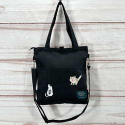 [免運費] 帆布 2WAY 單肩手提包，帶驚喜貓和背部貓刺繡，帶內袋 &lt;黑色&gt; 第1張的照片