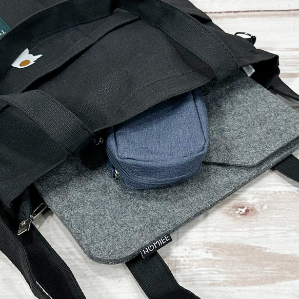 [免運費] 帆布 2WAY 單肩手提包，帶驚喜貓和背部貓刺繡，帶內袋 &lt;黑色&gt; 第4張的照片