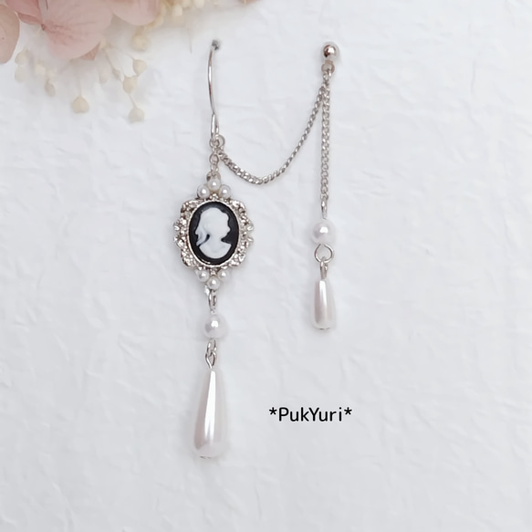 カメオとパールの2ホールピアス/ノンホールピアス/イヤーカフ/軟骨ピアス/2連ピアス 1枚目の画像