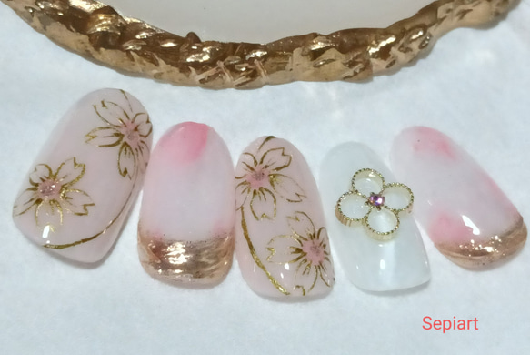 ジェルネイルチップ〜付け爪☆手描き桜ネイル×ニュアンス