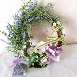 アーティフィシャルフラワー　ラベンダーと紫陽花のリース サシェ付き　 6枚目の画像