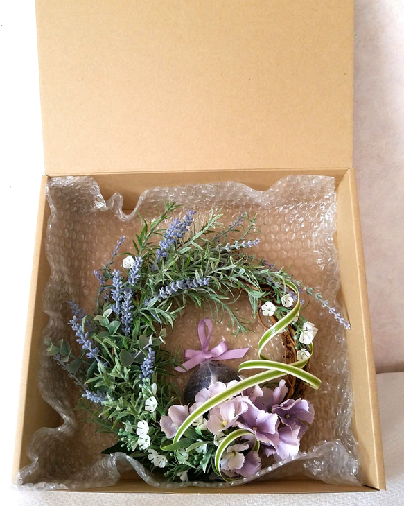 アーティフィシャルフラワー　ラベンダーと紫陽花のリース サシェ付き　 10枚目の画像