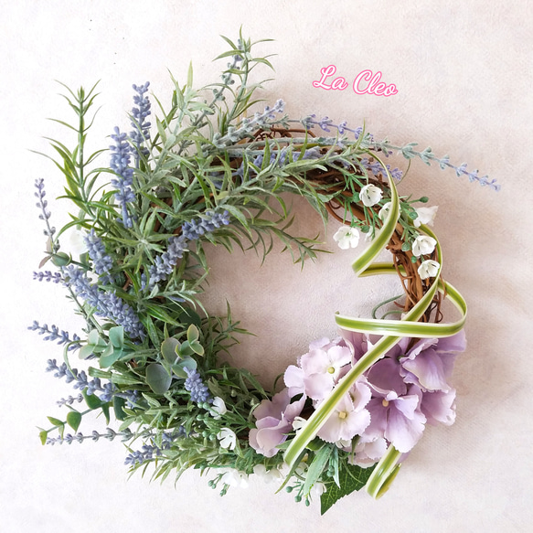アーティフィシャルフラワー　ラベンダーと紫陽花のリース サシェ付き　 1枚目の画像
