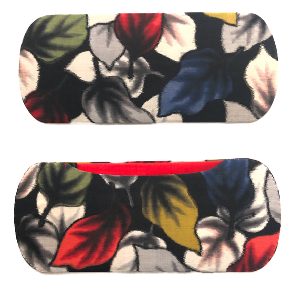 レトロな帯枕・帯板・仮紐・収納バッグセット　銘仙　マルチカラーな葉の総柄模様 3枚目の画像