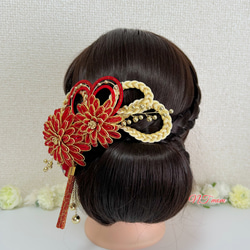 成人式卒業式結婚式・和装水引髪飾り・華ニ輪・赤金 7枚目の画像