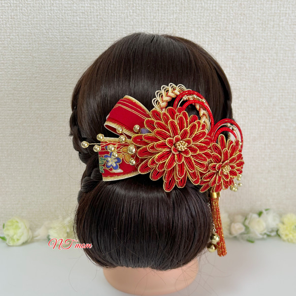 成人式卒業式結婚式・和装水引髪飾り・華ニ輪・赤金 4枚目の画像
