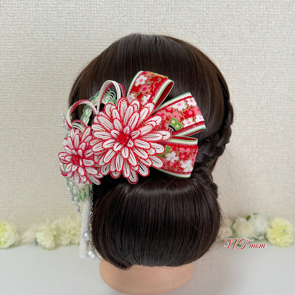 成人式卒業式結婚式・和装水引髪飾り・華ニ輪・赤白 4枚目の画像