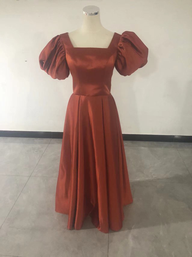 送料無料！高品質！ パーティードレス トレンドのオレンジ ロング パフスリーブ前撮り 花嫁 挙式