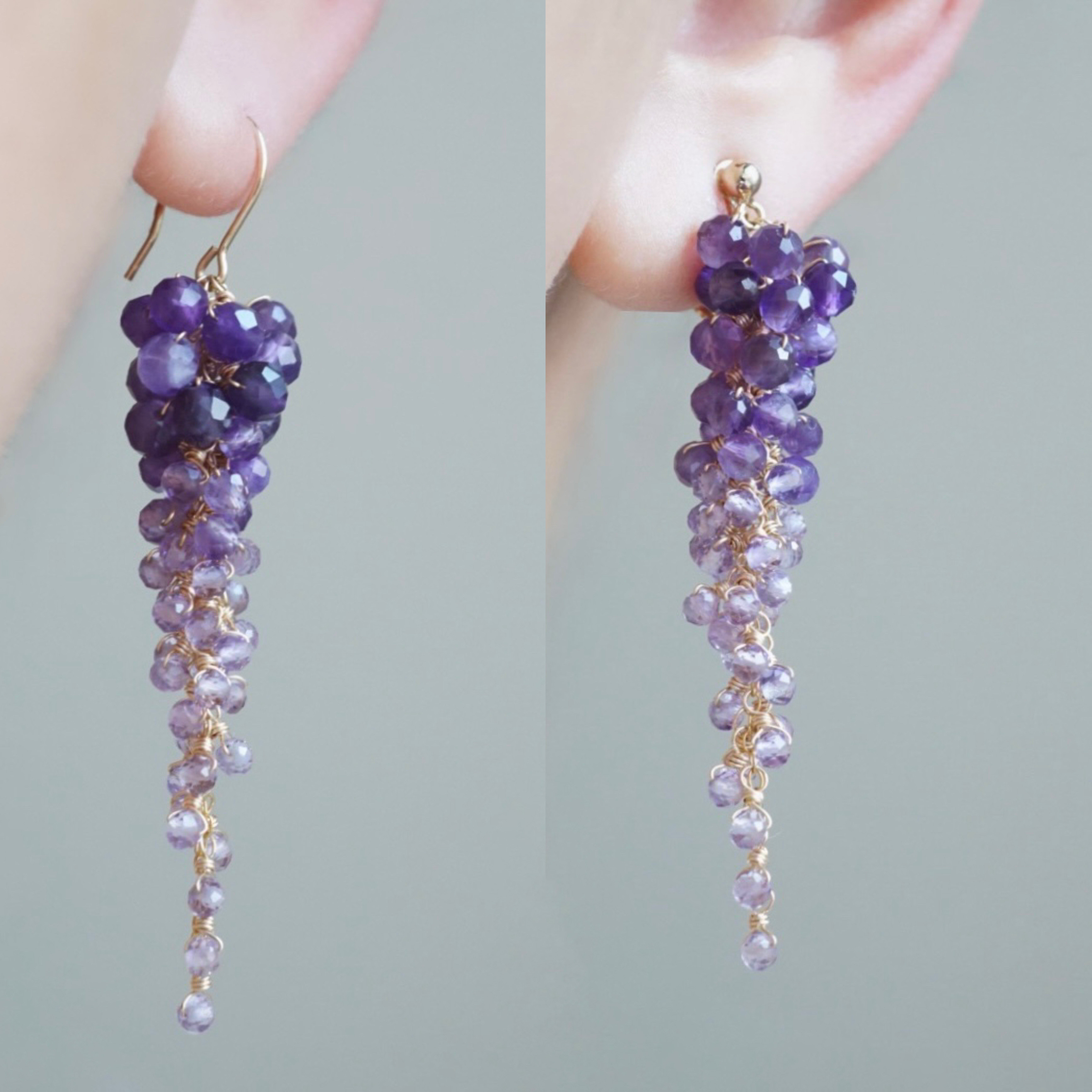 「藤の花」アメジスト 天然石 誕生石 14kgf ピアス イヤリング 紫 パープル じゃらじゃら ロング アレルギー対応