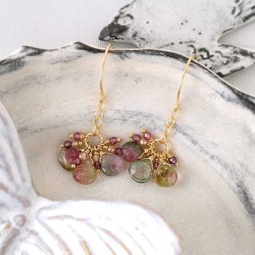 ☆SALE】宝石質バイカラートルマリンのフラワーピアス・イヤリング変更 