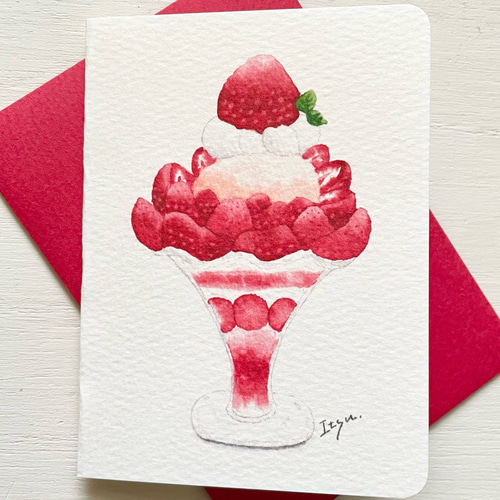 透明水彩画 ミニカード2枚セット「いちごパフェ」イラスト バースデー