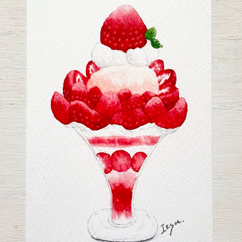 透明水彩画 3枚セット ポストカード「いちごパフェ」イラスト イチゴ