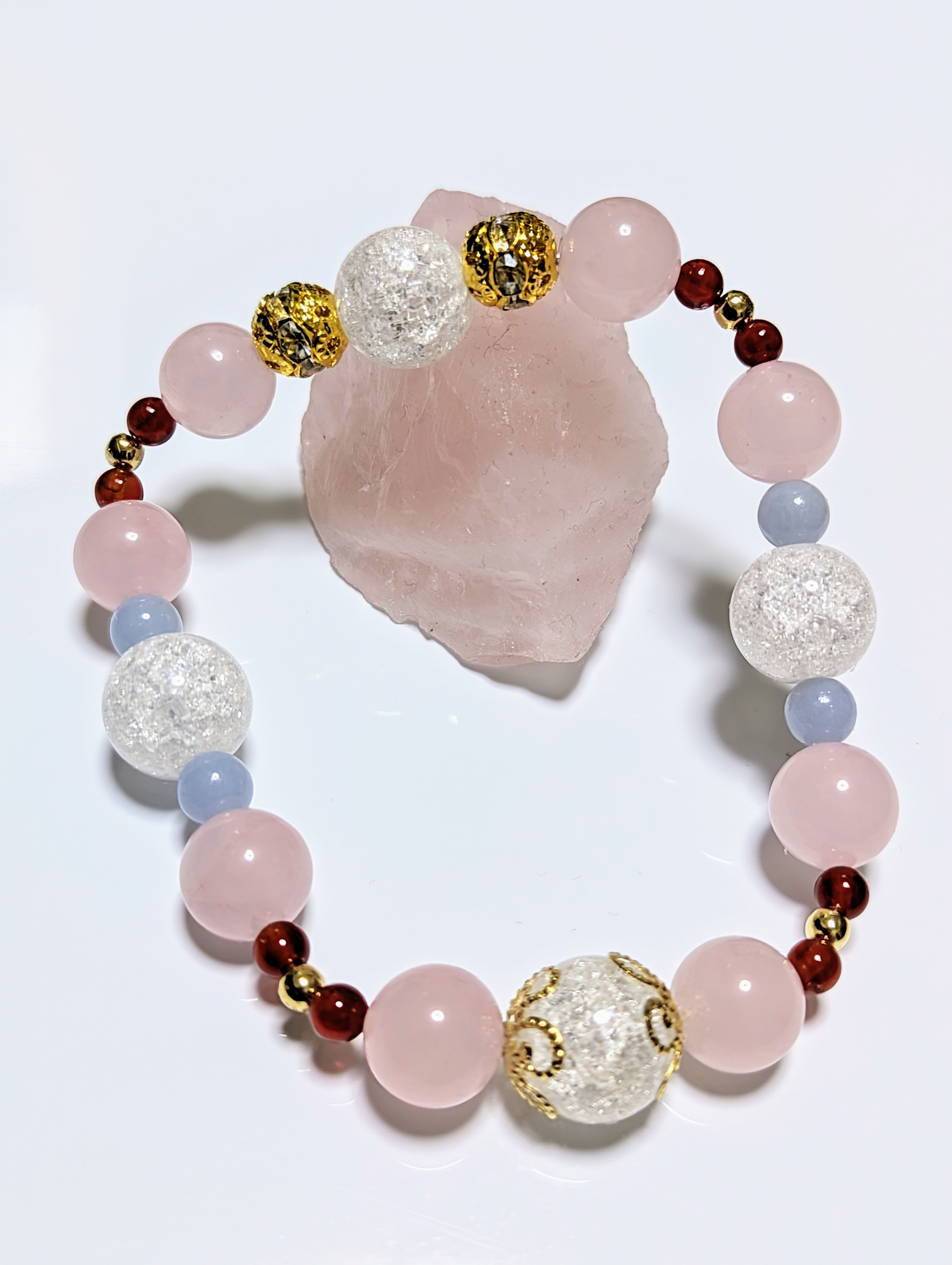 天然石ブレスレット/ローズクォーツ、クラッククォーツ、カーネリアン、エンジェライト