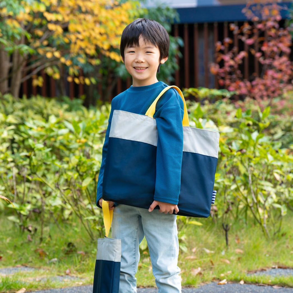 両面撥水加工]名入れ刺繍 ネイビー×グレー レッスンバッグ レッスン