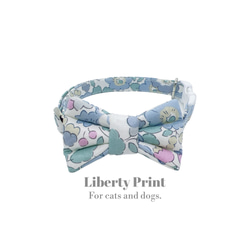 猫 犬 首輪 リバティプリント × Betsy リボン ブルーグレー 花柄 プレゼントにおすすめ 1枚目の画像