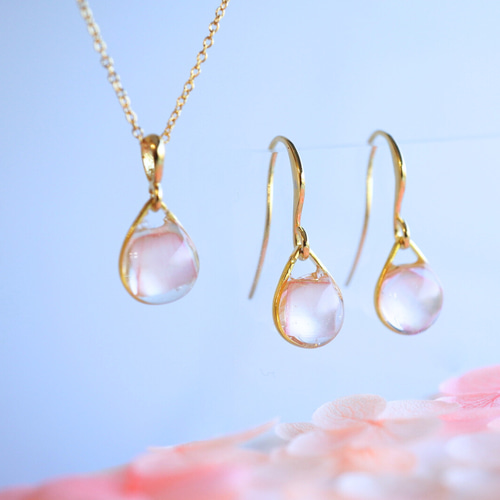 ピアス ネックレス セット さくらピンク揺れる雫 桜 透明感 シンプル