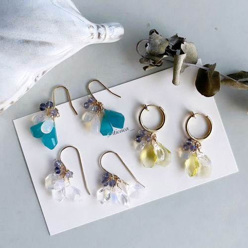 エチオピアンオパール アシンメトリー 華奢 ロングピアス 14kgf