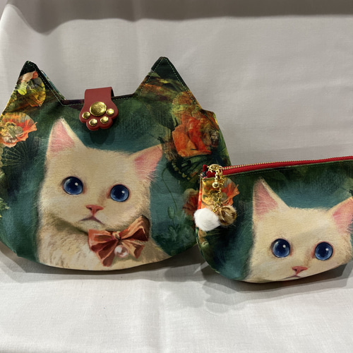 猫型バック&ポーチセット☆猫柄・エレガントcatグリーン