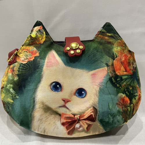 【期間限定お試し価格】 猫型バック&ポーチセット☆猫柄・エレガントcatグリーン 財布・ケース・小物入れ