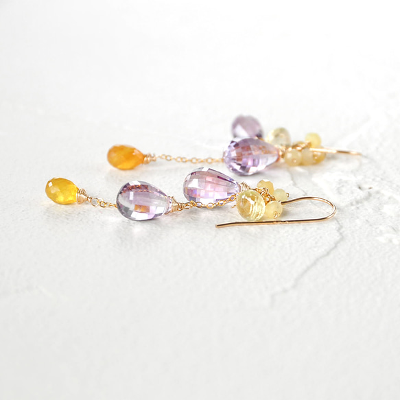 14kgf/春季黃色藍寶石和大號紫水晶雕刻耳環 第2張的照片