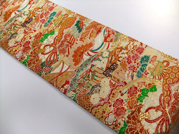 [(16)1835] 182cm/由大正、昭和時代的腰帶改造而成/Goshoguruma 花卉圖案/掛毯/桌布 第3張的照片