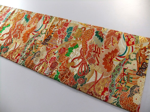 [(16)1836] 102 公分/大正昭與時期腰帶/Goshoguruma 花卉圖案/掛毯/桌旗重製 第3張的照片