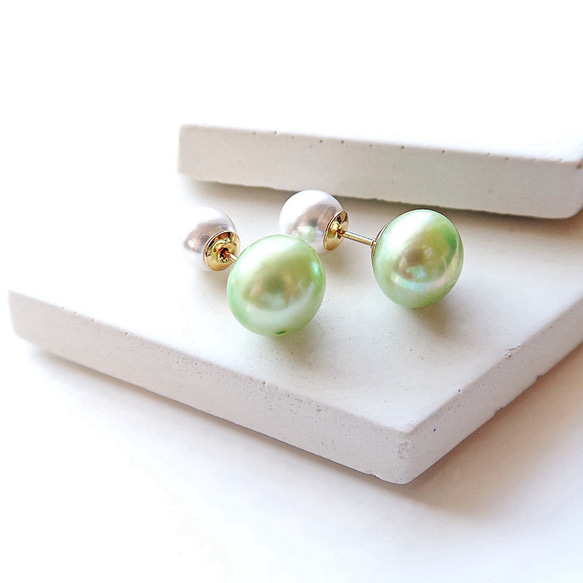 【2way】14KGF/ GREEN APPLE FRESHWATER PEARL STUD EARRINGS 8枚目の画像