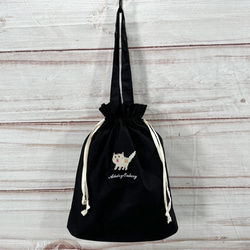 [僅限特價] [免運費] 驚喜貓一點刺繡有機棉插角抽繩手提袋 &lt;黑色&gt; 第1張的照片