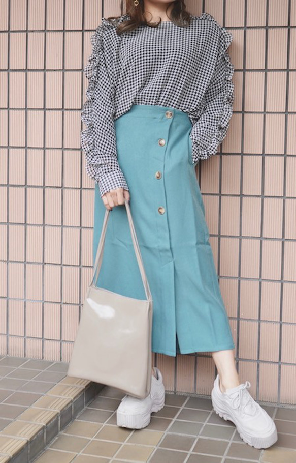 Button Design H-Line Skirt（green） ロングスカート ブルー 青 ガーリー 1枚目の画像
